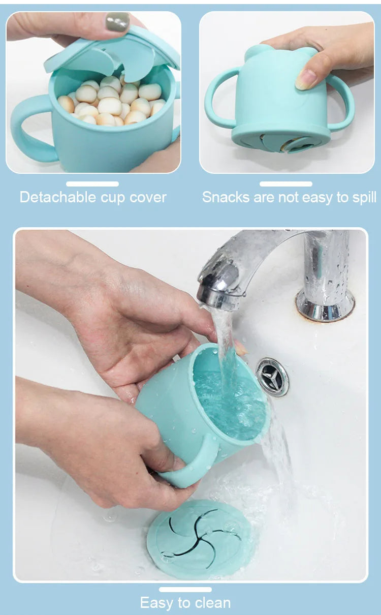 Изготовленные на заказ силиконовые чашки для закусок, детский контейнер для хранения закусок с защитой от разлива для малышей с ручкой крышки