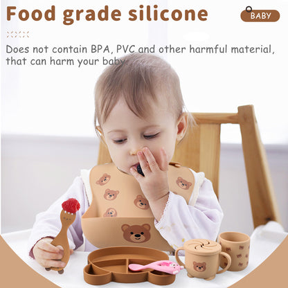 High Quality CUSTOMIZED Baby Feeding Sets, Kids Suction 7pcs Baby Set Feeding Silicone Food Grade Plate Bowl Spoon Set Dinner ware