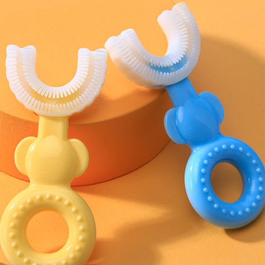 Benutzerdefinierte Silikon-Zahnbürste, weiche, sichere Silikonborsten, U-förmige Kinderzahnbürste